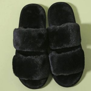Black Fuzzy SHEIN Double Band Slippers Brand New